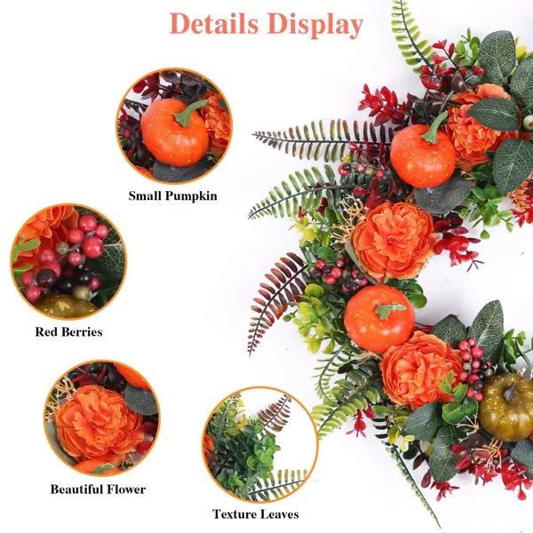 Autumn Wreath with Pumpkin, Leaves & Berries - Fall Decor