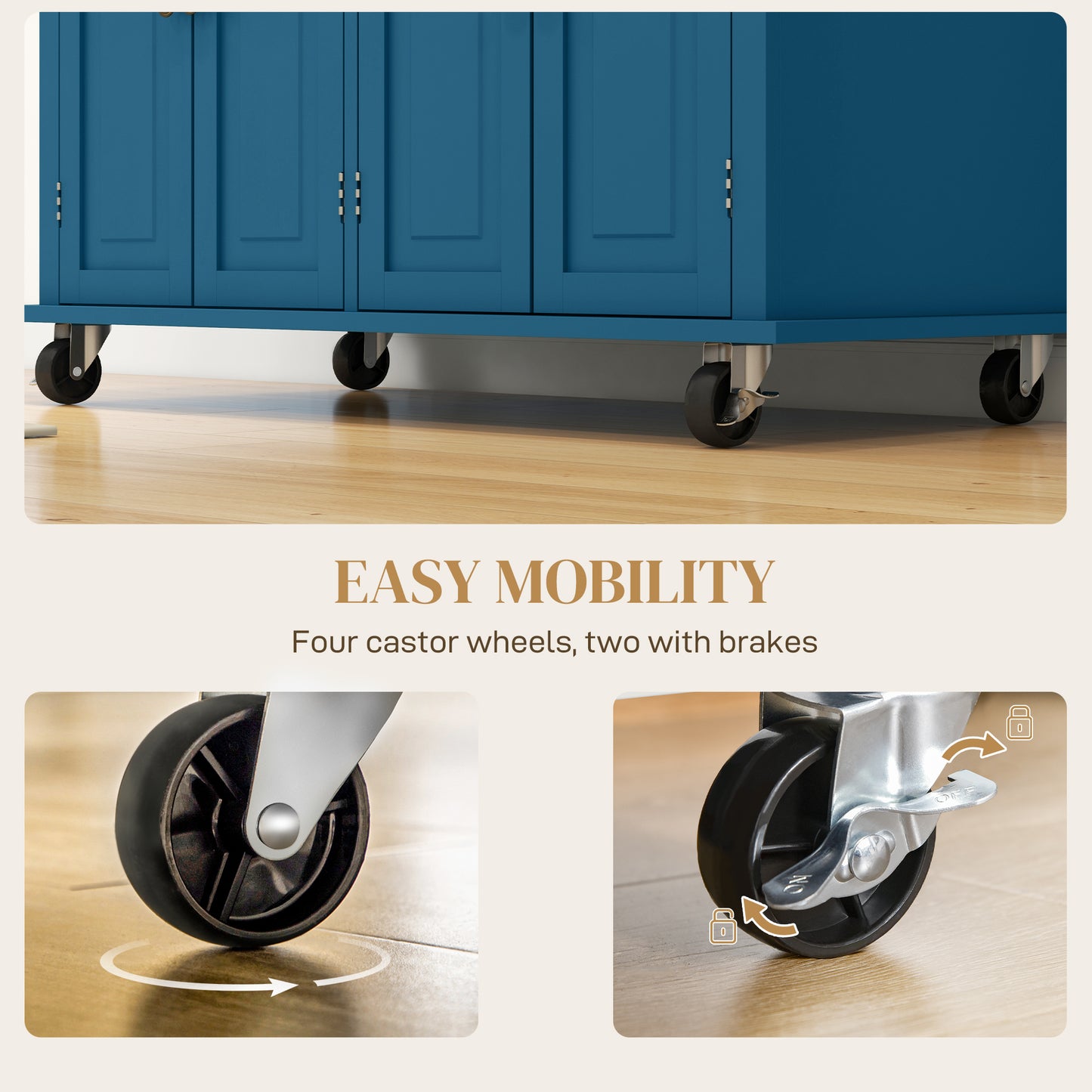 Rolling Kitchen Island Cart with Rubberwood Top & Storage - Turquoise