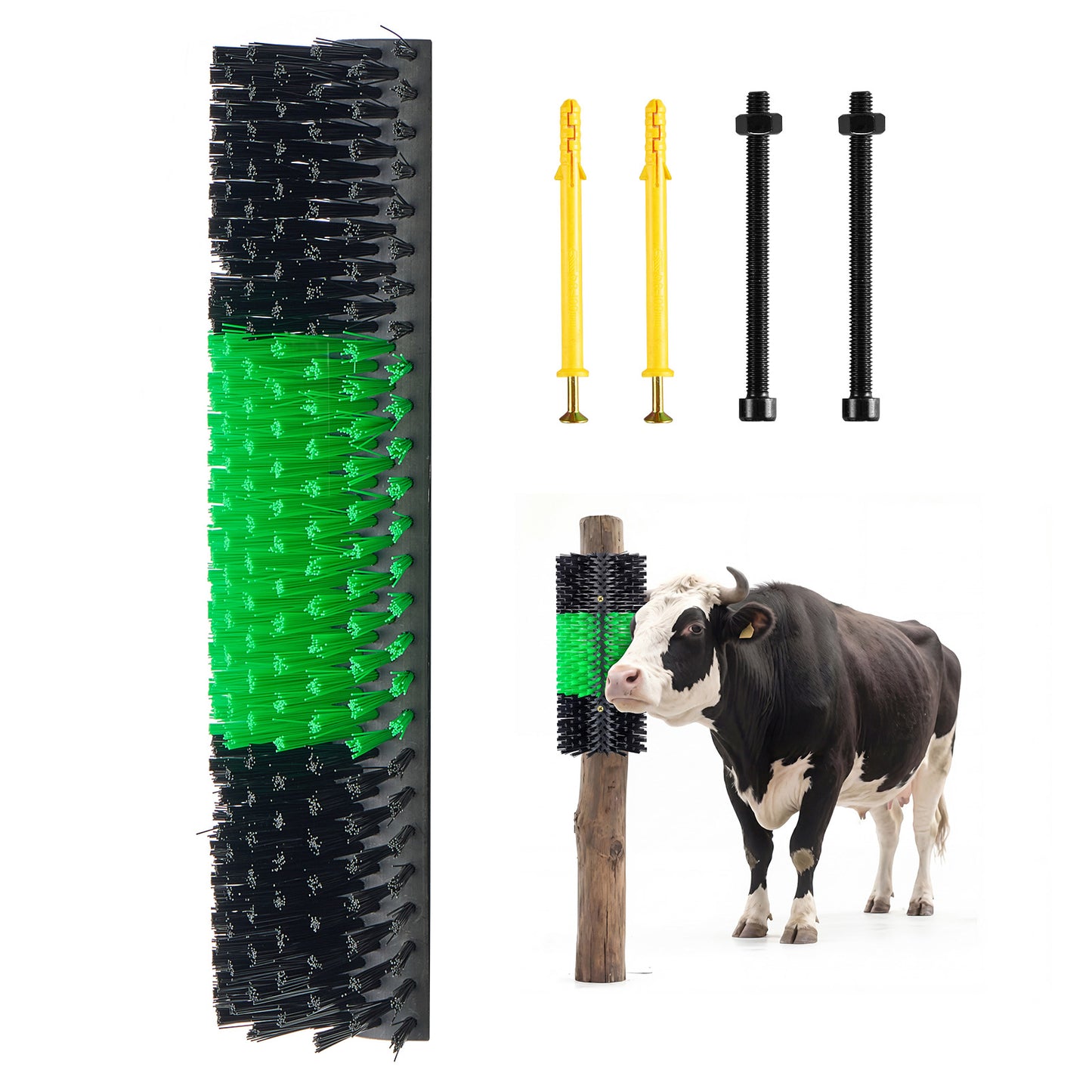 Livestock Scratching Brush Post for Horses, Cattle, Sheep & Pigs - 16.9 x 7.5 Inches, Green & Black