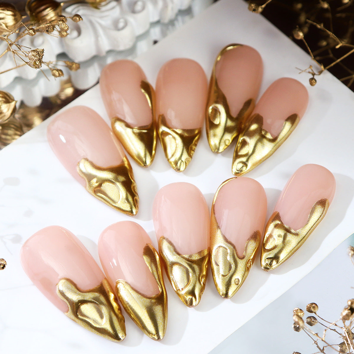 Liquid Metal Apricot Nail Stickers - Hand Painted Nail Art Decals for Ladies