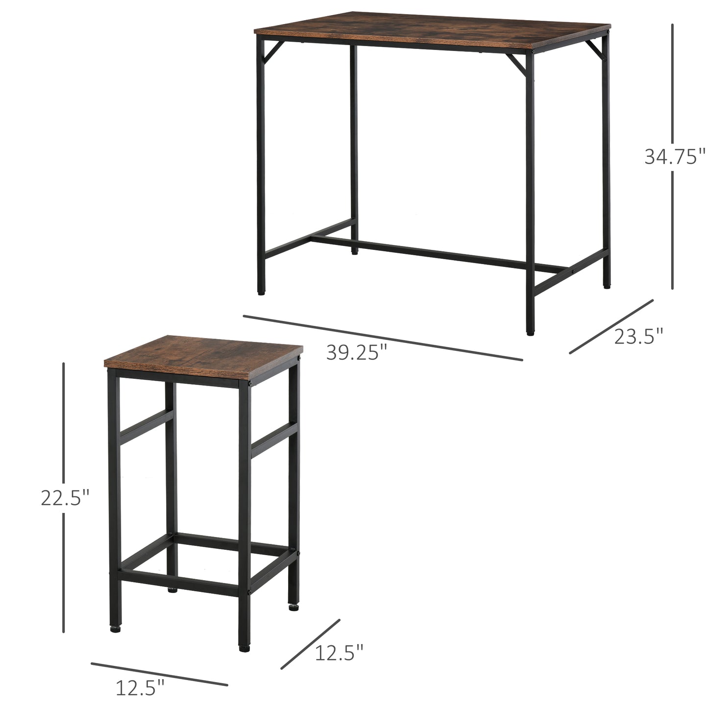 5-Piece Rustic Bar Table Set with 4 Stools - Space Saving Design