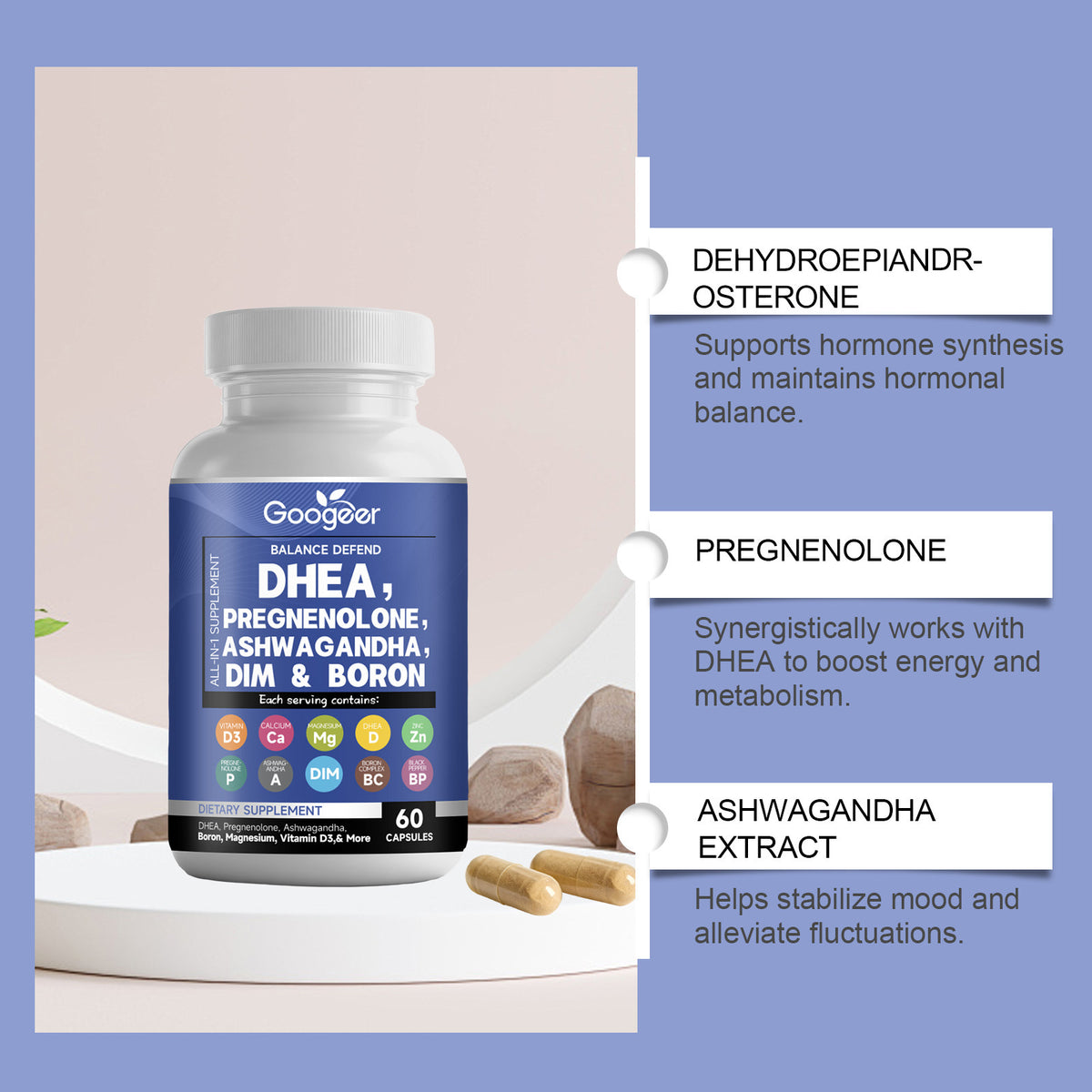 Pregnenolone Supplement Capsules with DHEA and Vitamins - 60 Count