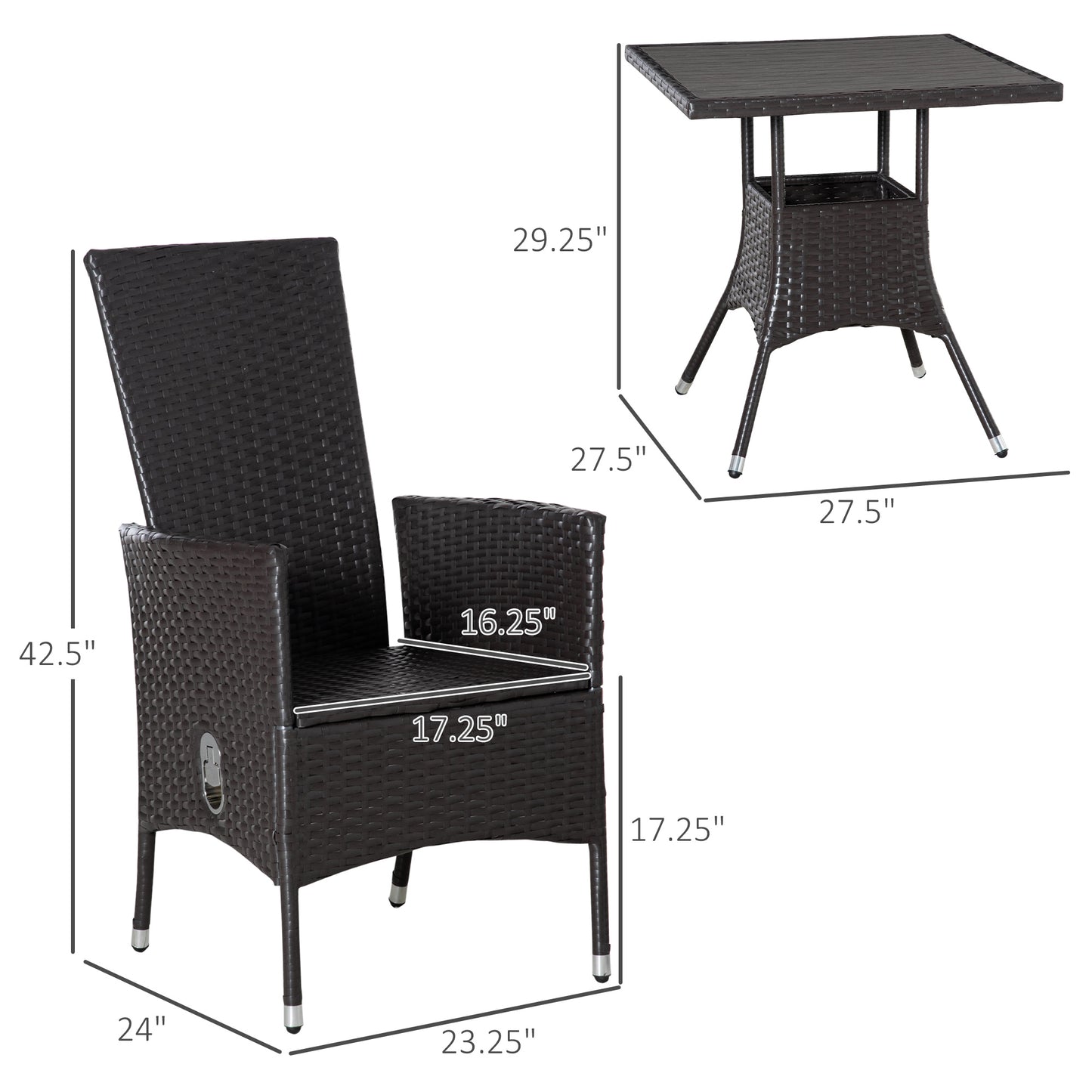 3 Piece Patio Bistro Set with Reclining Chairs & Coffee Table - Cream