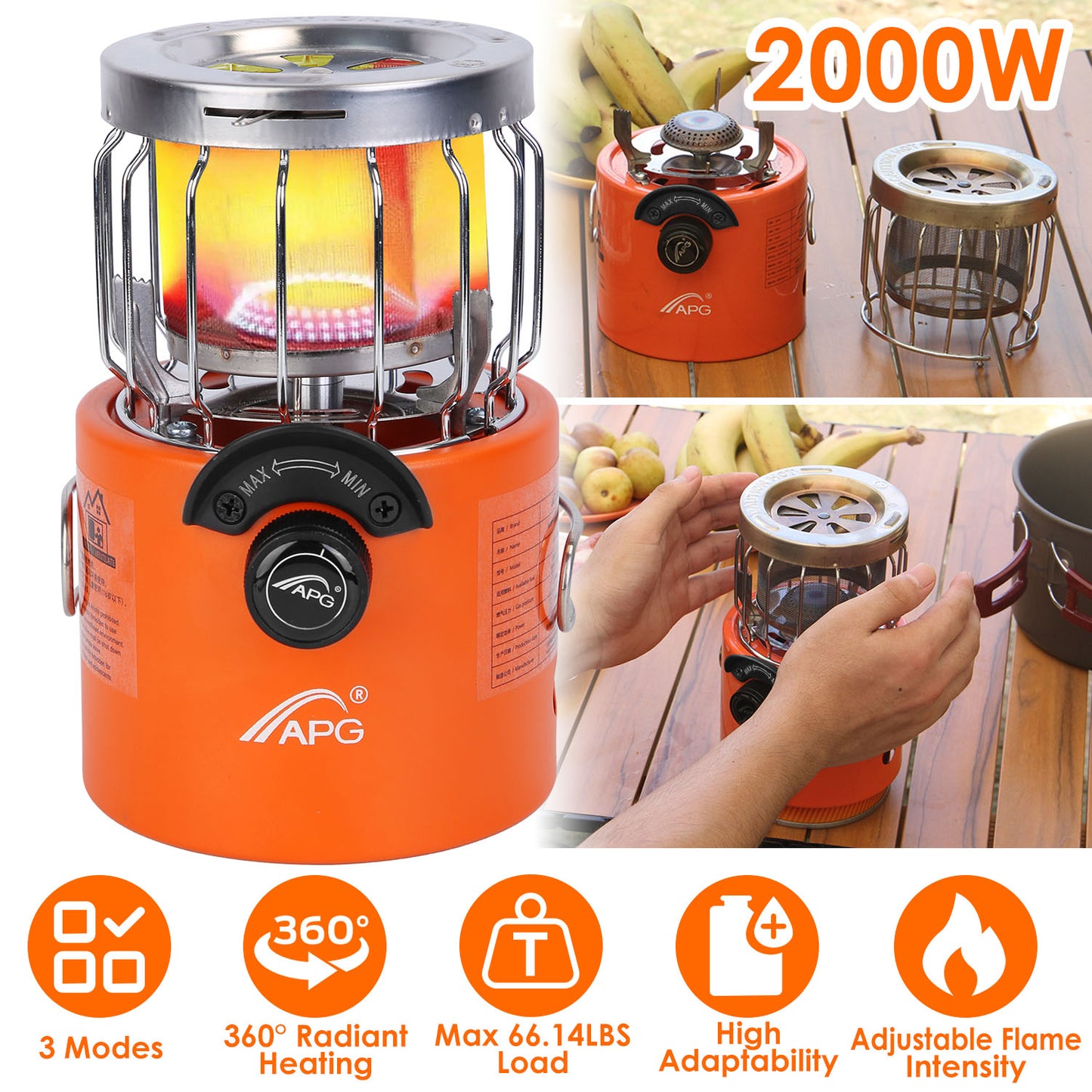 2000W 2-in-1 Portable Camping Stove & Heater - Orange