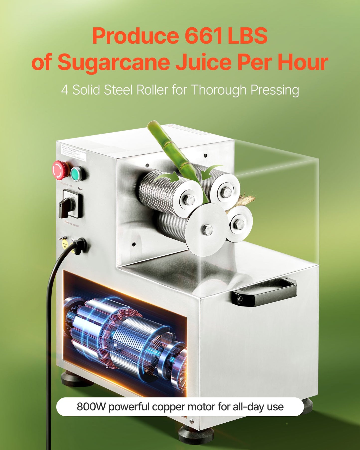 800W Commercial Sugar Cane Juicer - 661Lbs/H, 4 Rollers, 2.4-Inch Inlet, Stainless Steel
