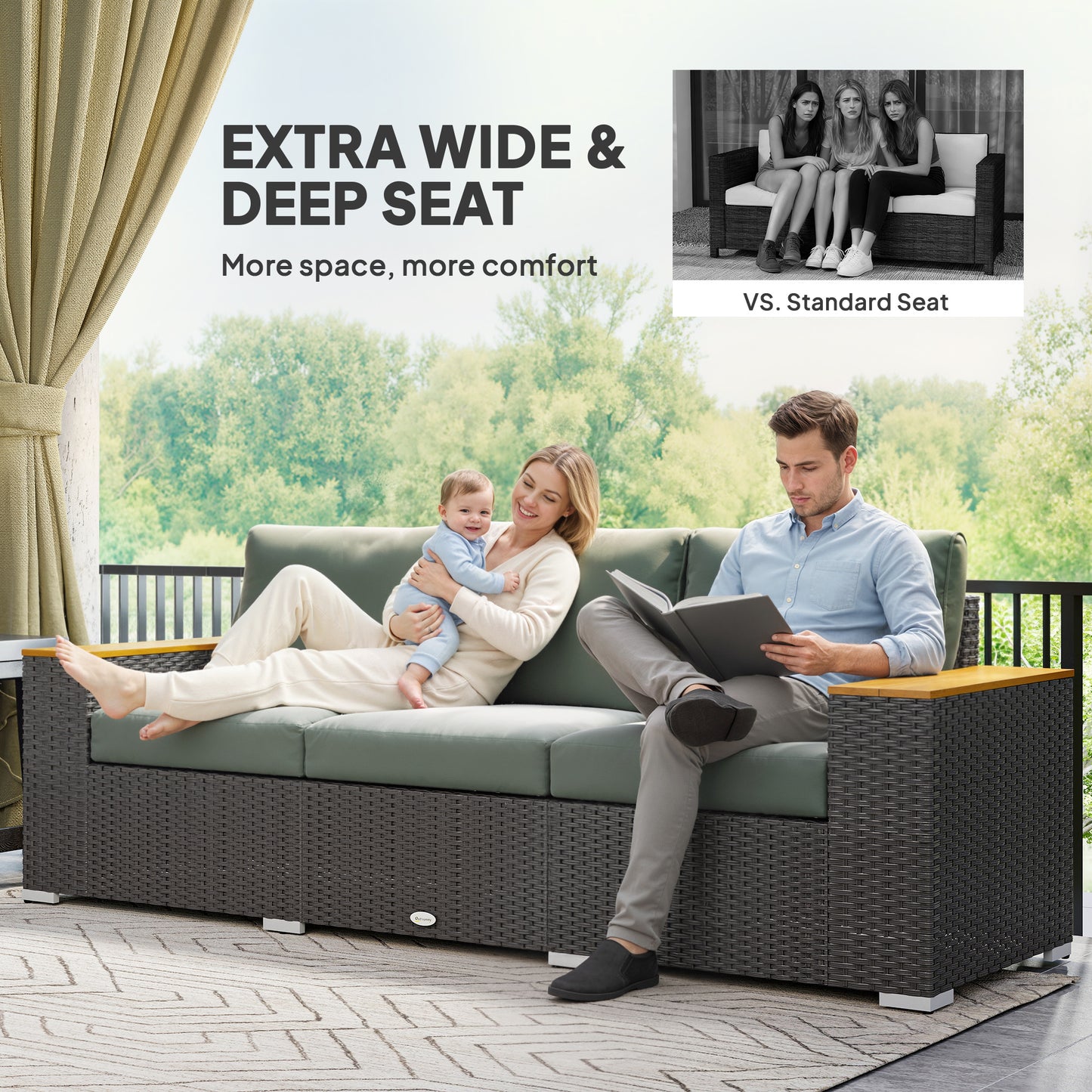 3-Seat Outdoor Sofa - PE Wicker Couch with 4" Cushions, Dark Gray