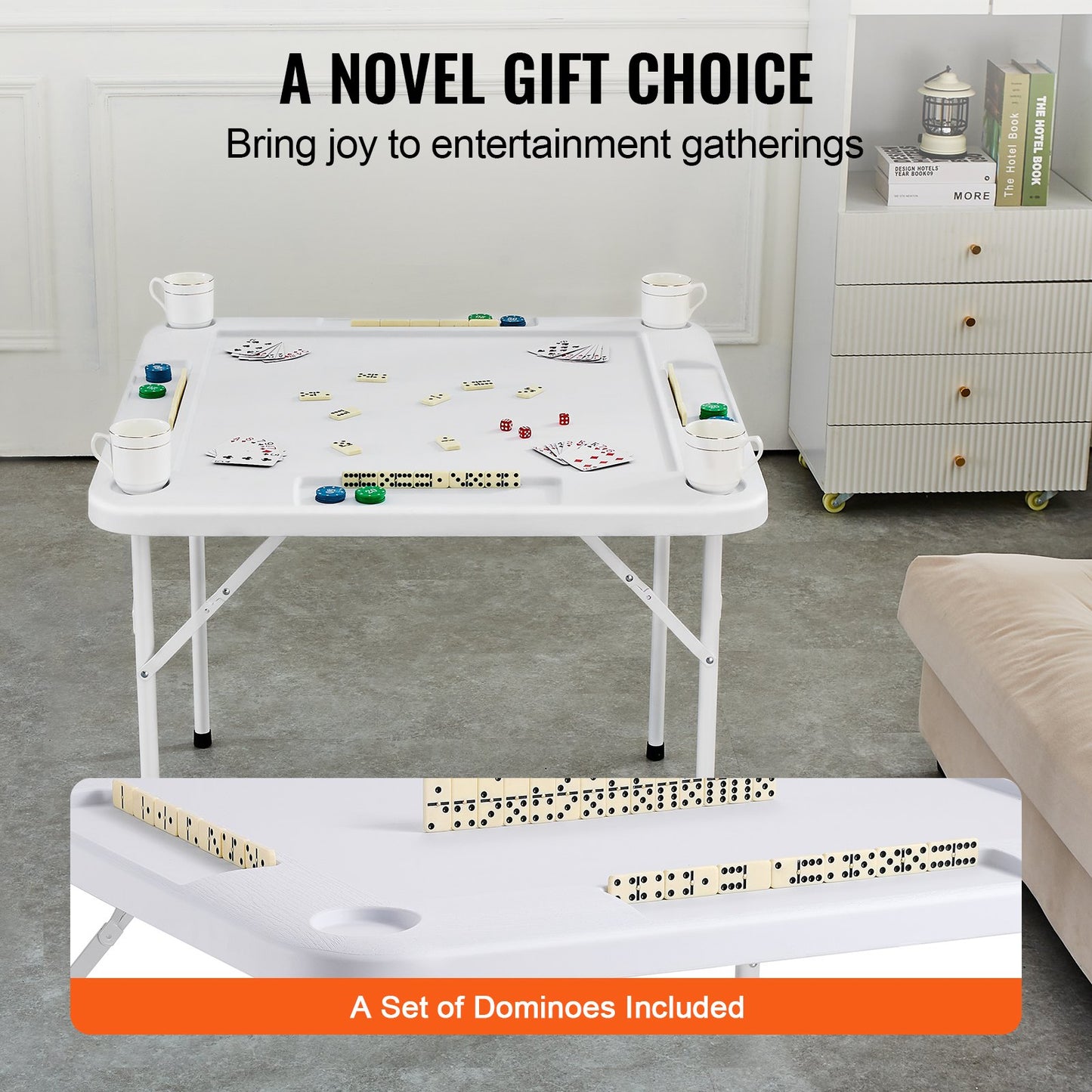 Folding Mahjong Table for 4 Players with Cup Holders - White