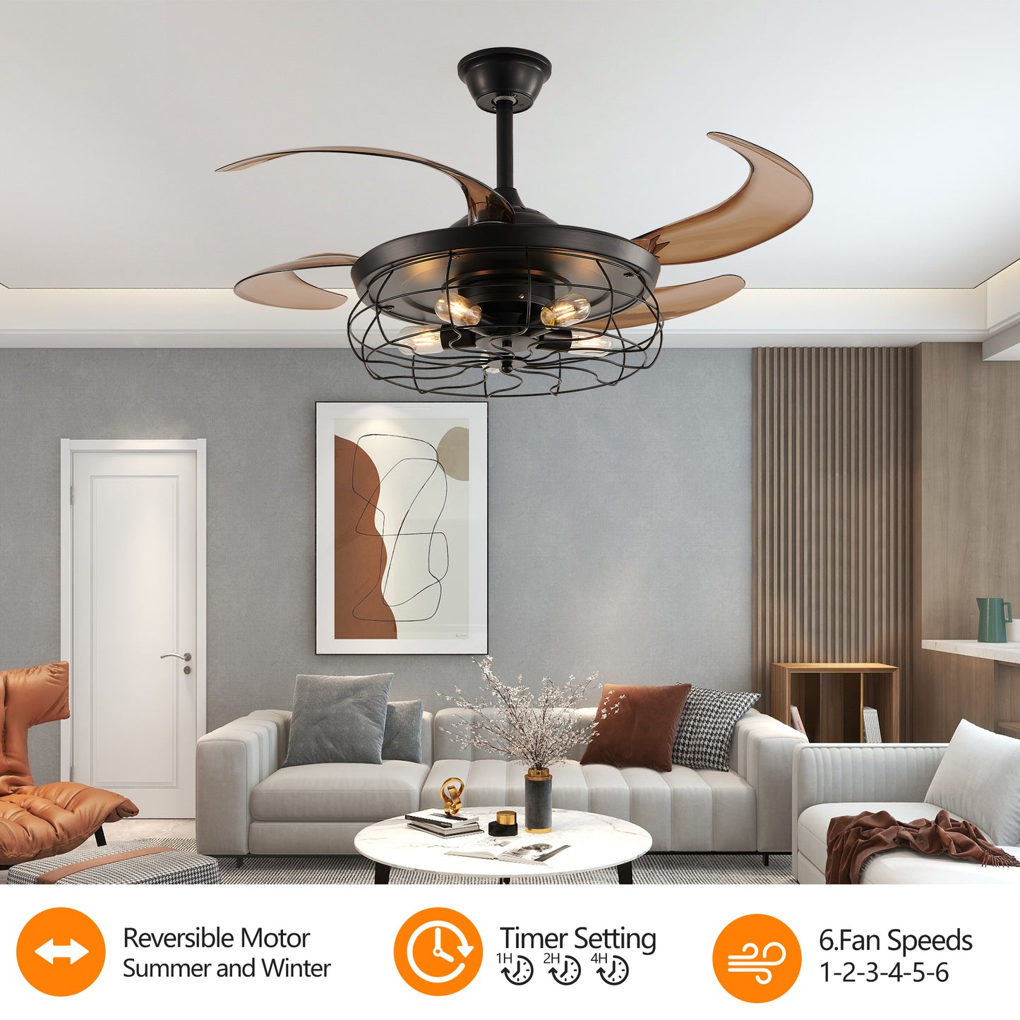 Black Remote Control Ceiling Fan - Industrial 4-Blade Design