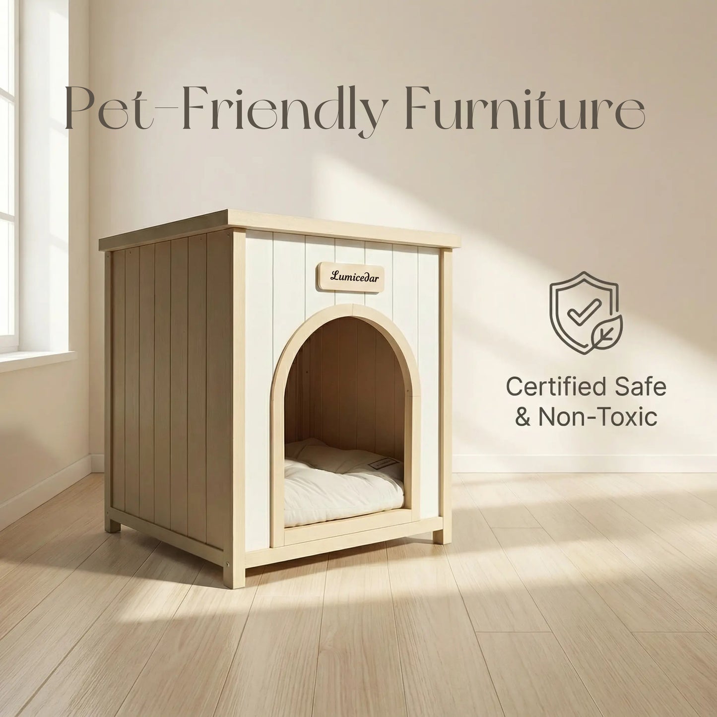 Indoor Wooden Dog House with Removable Cushion - Small Pet Shelter, Scandinavian Design