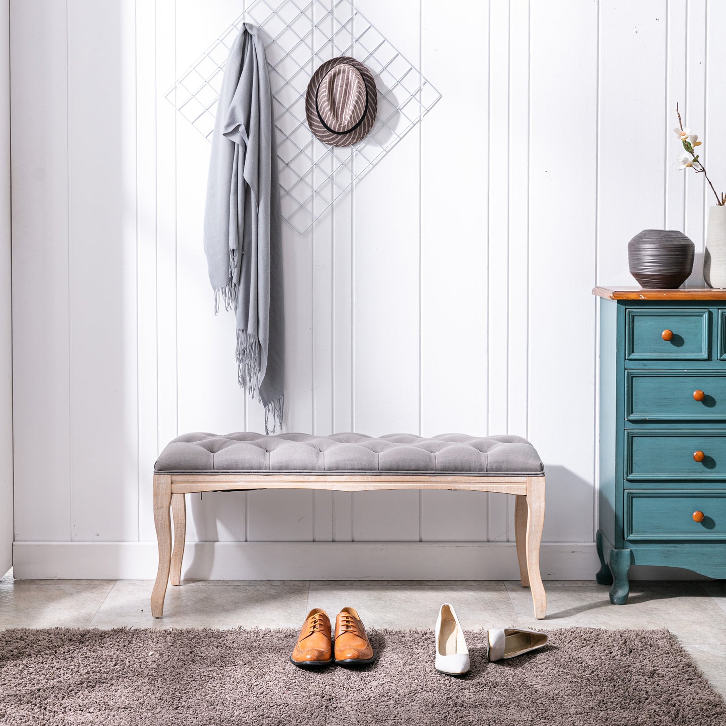 French Vintage Upholstered Bench - Grey Linen, 43.3"