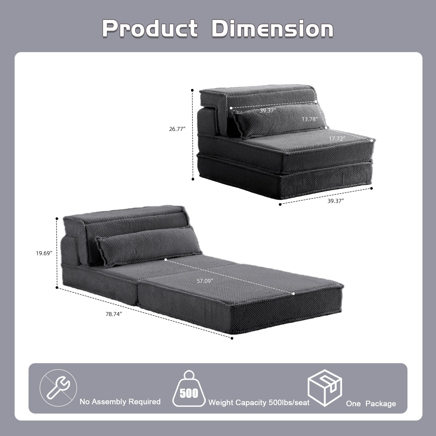 Convertible Floor Sofa Bed - Oversized Single Sofa in Dark Grey