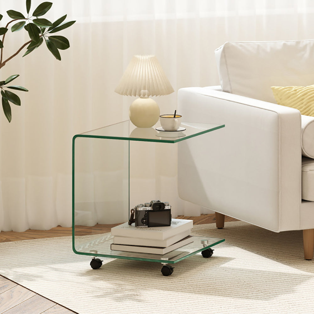 C Shaped End Table Modern Tempered Glass Side With Shelf 4 Swivel