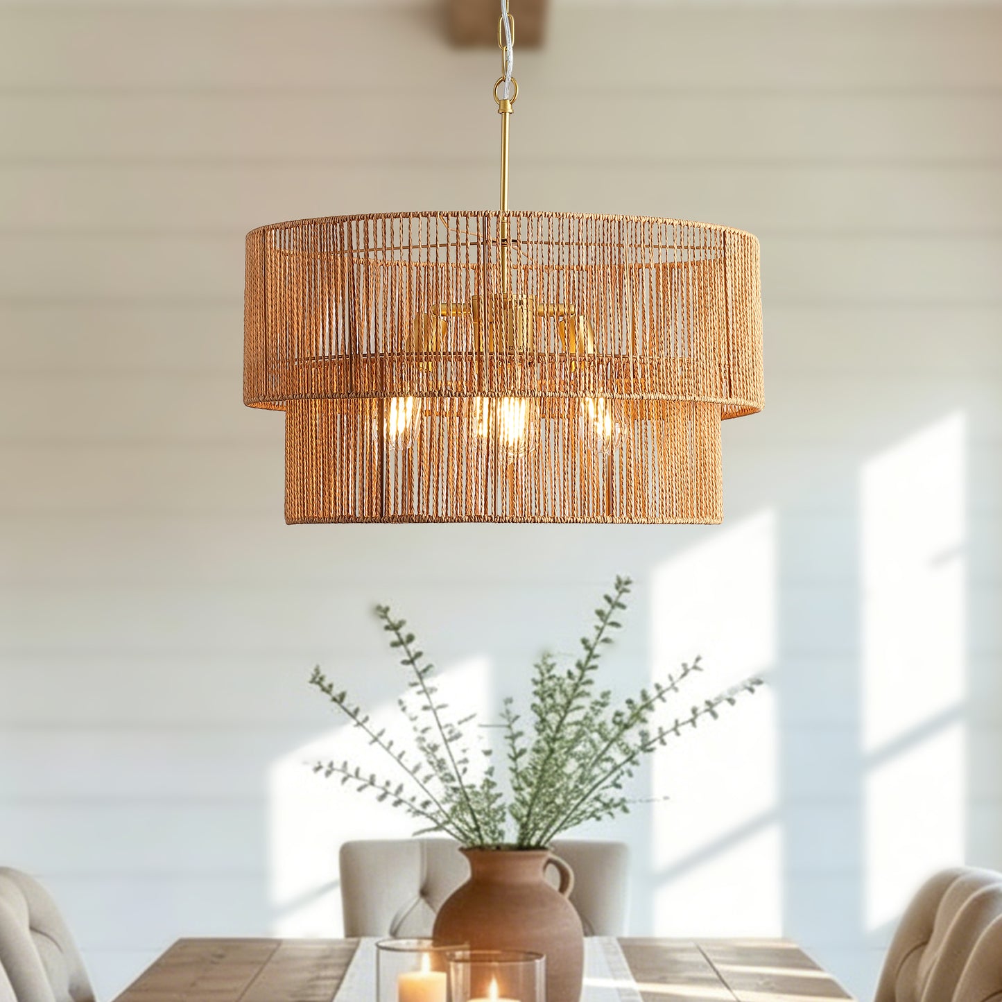 Woven Paper Rattan Pendant Light - 2-Tier Boho Ceiling Lamp for Dining & Living Room