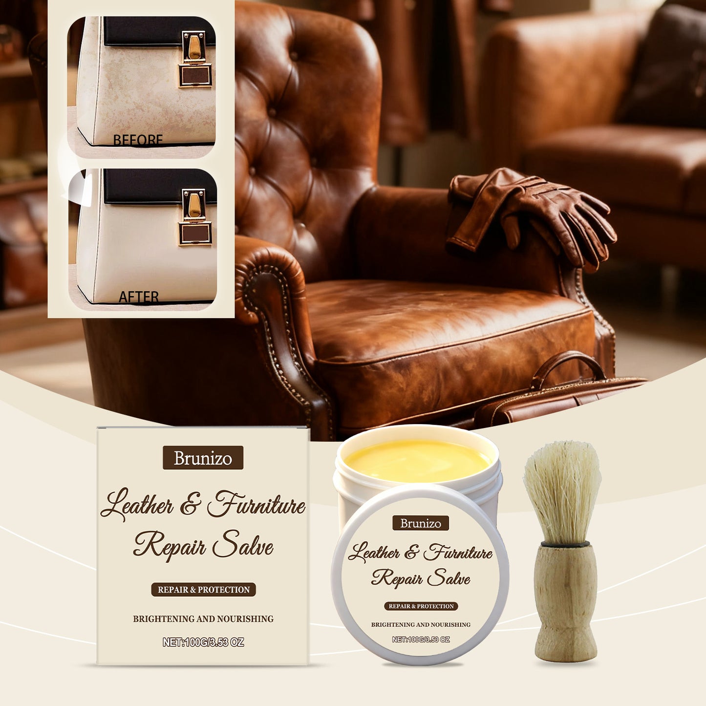 Leather Care Cream 100g with Brush - Shoe & Leather Maintenance Kit