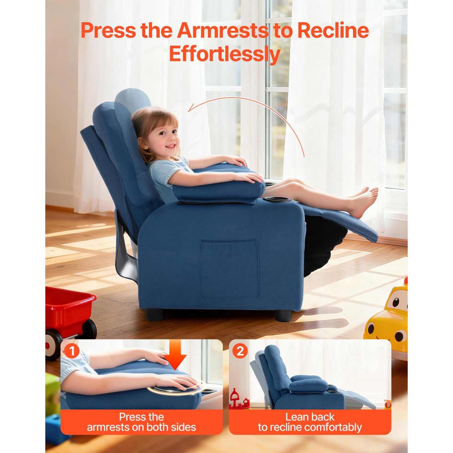 Kids Recliner Chair with Cup Holders & Adjustable Backrest - Blue