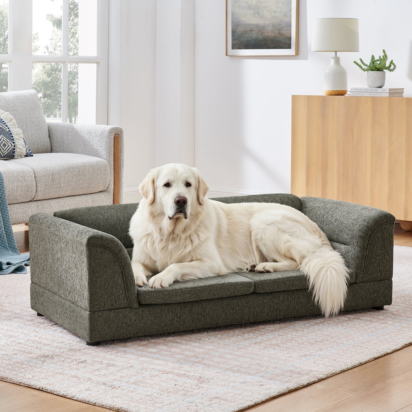 Oversized Dog Sofa Bed with Linen Fabric & Curved Armrest - Dark Gray