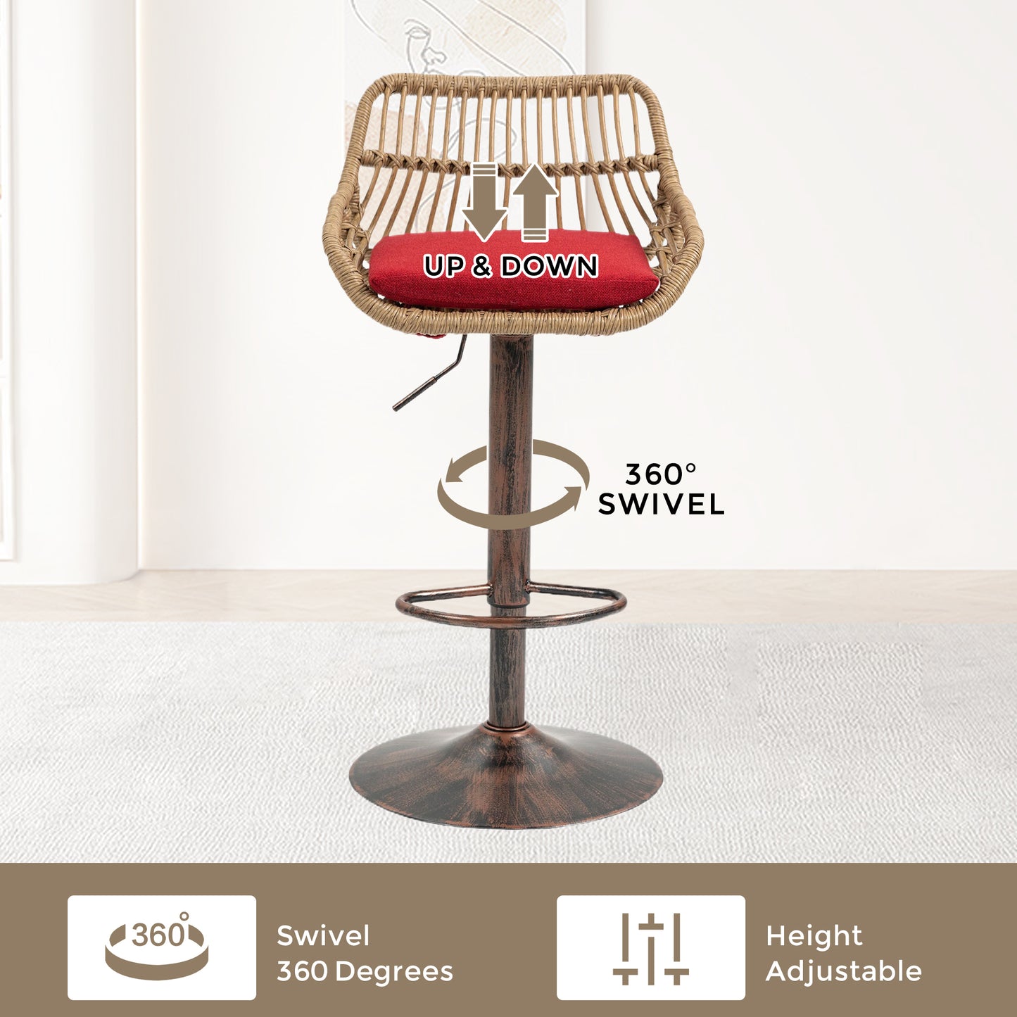 Adjustable Swivel Bar Stools Set of 2 - Red Kitchen Chairs