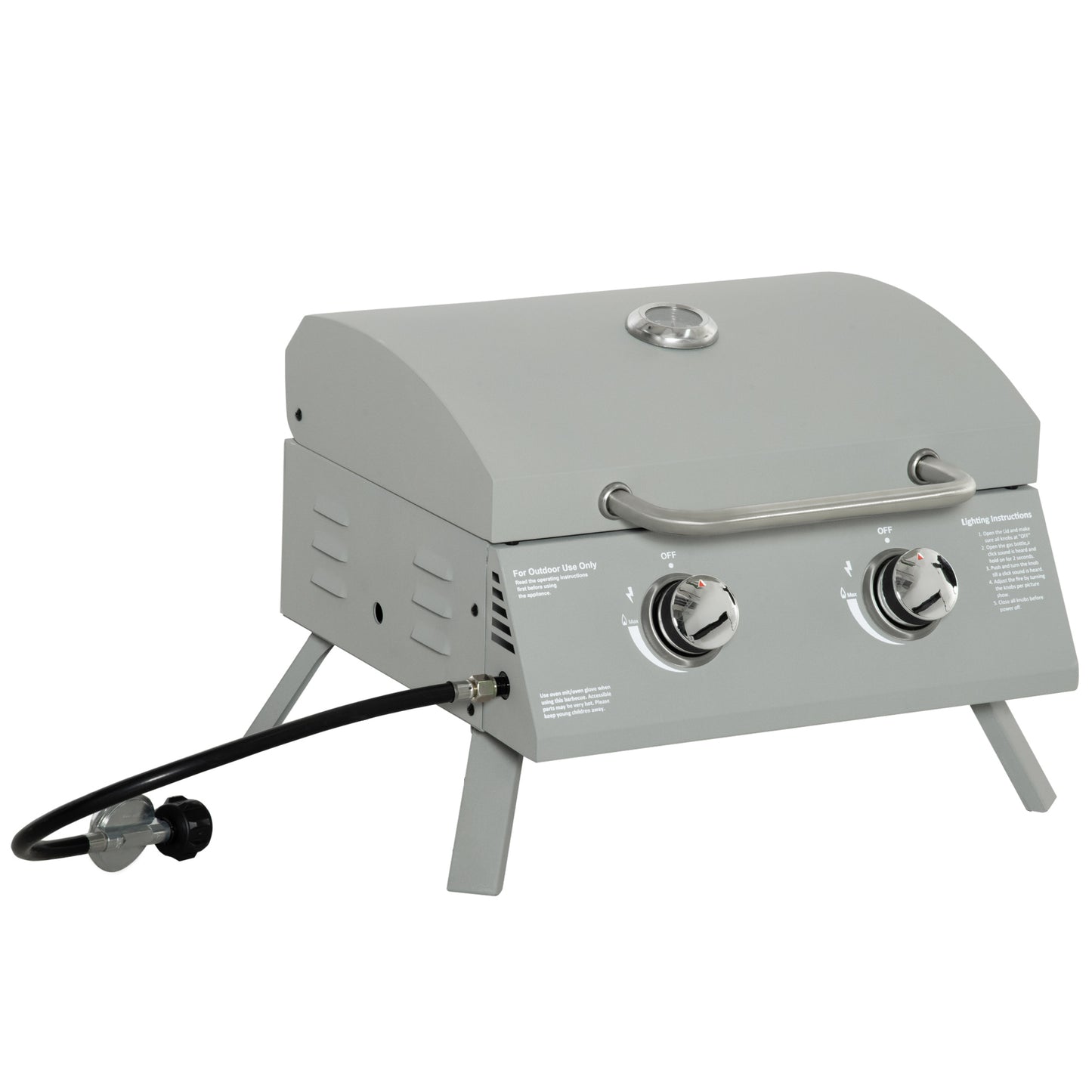 2-Burner Folding Gas BBQ Grill with Lid and Thermometer - Light Grey