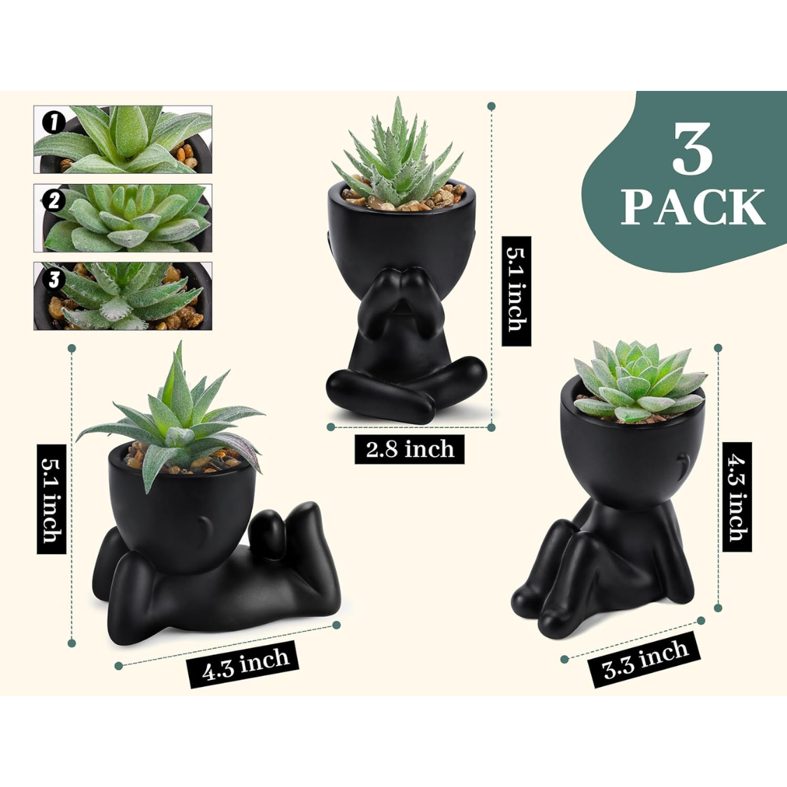 3pcs Artificial Succulent Plants in Black Pots - Indoor Decor