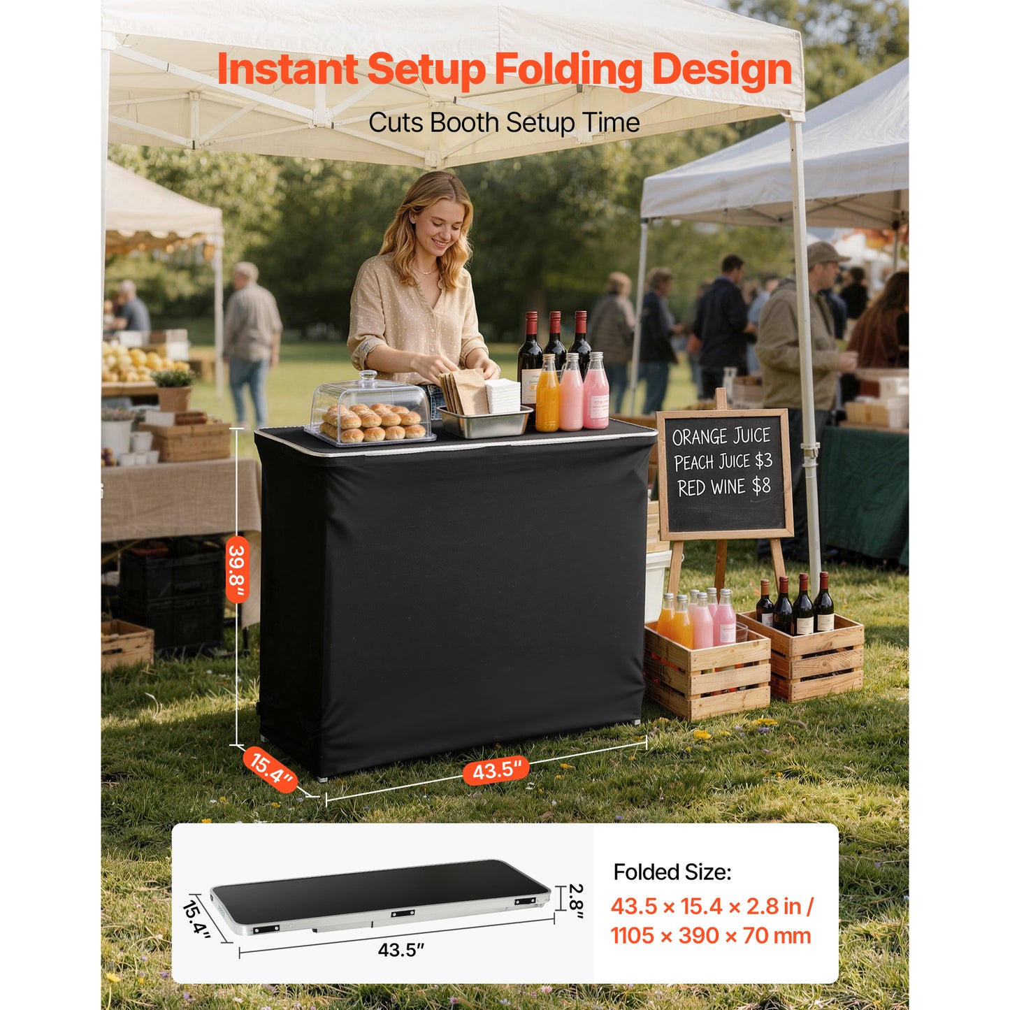 Foldable Portable Bar Table 43.5x15.4x39.8in with Storage Shelves & Carry Bag