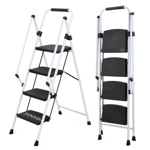 White Four-Step Ladder Folding Stepladder Anti-Slip Steel Stool Multi-Purpose