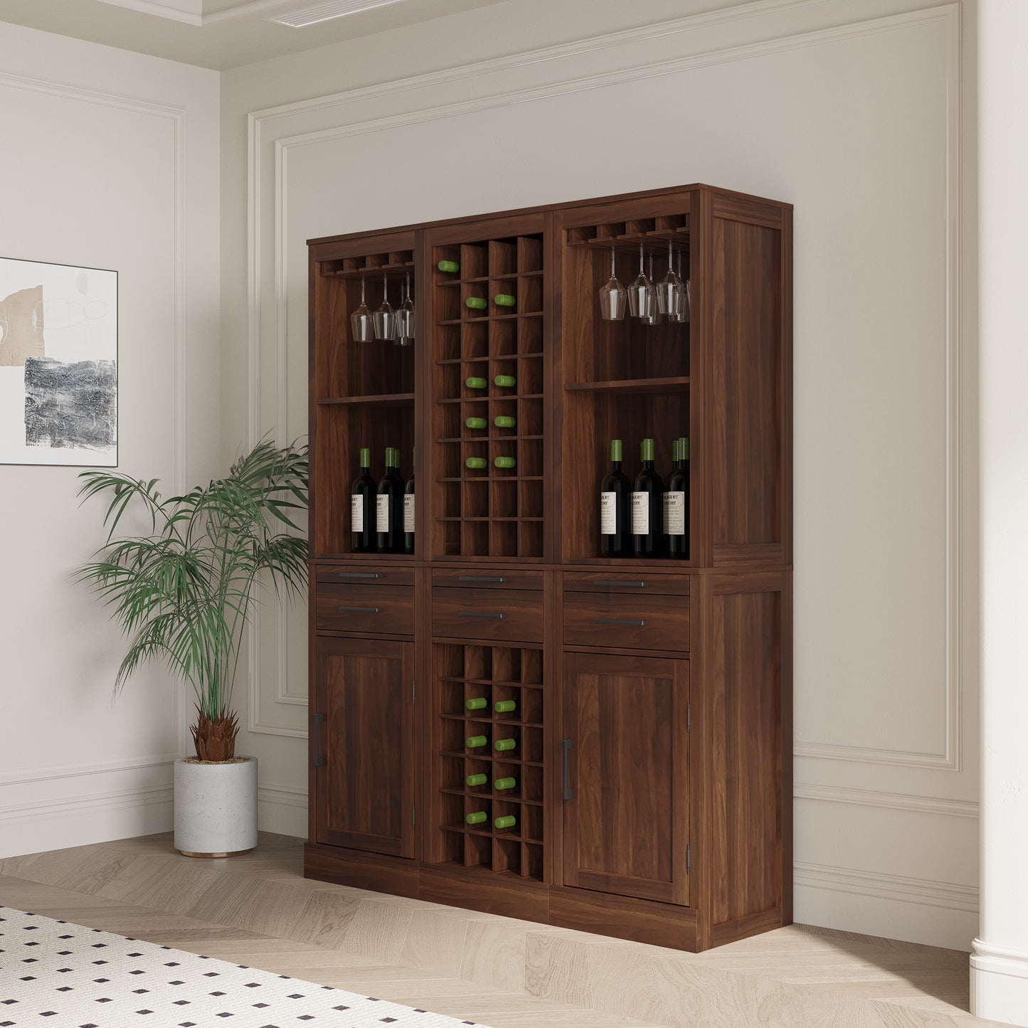 Walnut Modular Wine Bar Cabinet with Hutch for Dining Room