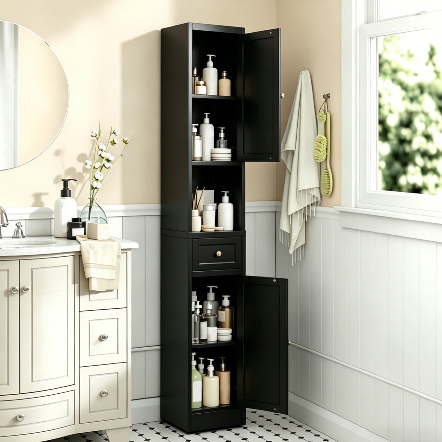 71 Inch Tall Bathroom Storage Cabinet - 5-Tier Freestanding Metal Cabinet, Black