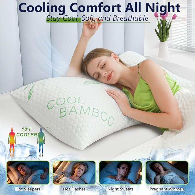 King Size Bamboo Rayon Shredded Memory Foam Pillows - Adjustable Soft & Firm, Washable Cover, Pack of 2 & 4