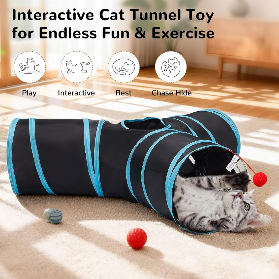 Collapsible Cat Tunnel Tube Toys for Indoor Cats with Peek Holes & Teaser Wand