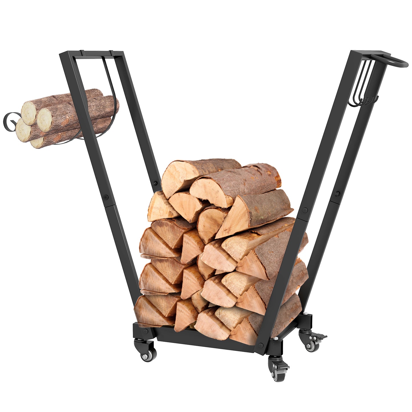 Firewood Rack with Wheels - Metal Log Holder with Kindling & Tool Hooks, Indoor/Outdoor, 31.1 x 11.8 x 31.9 Inches, Black