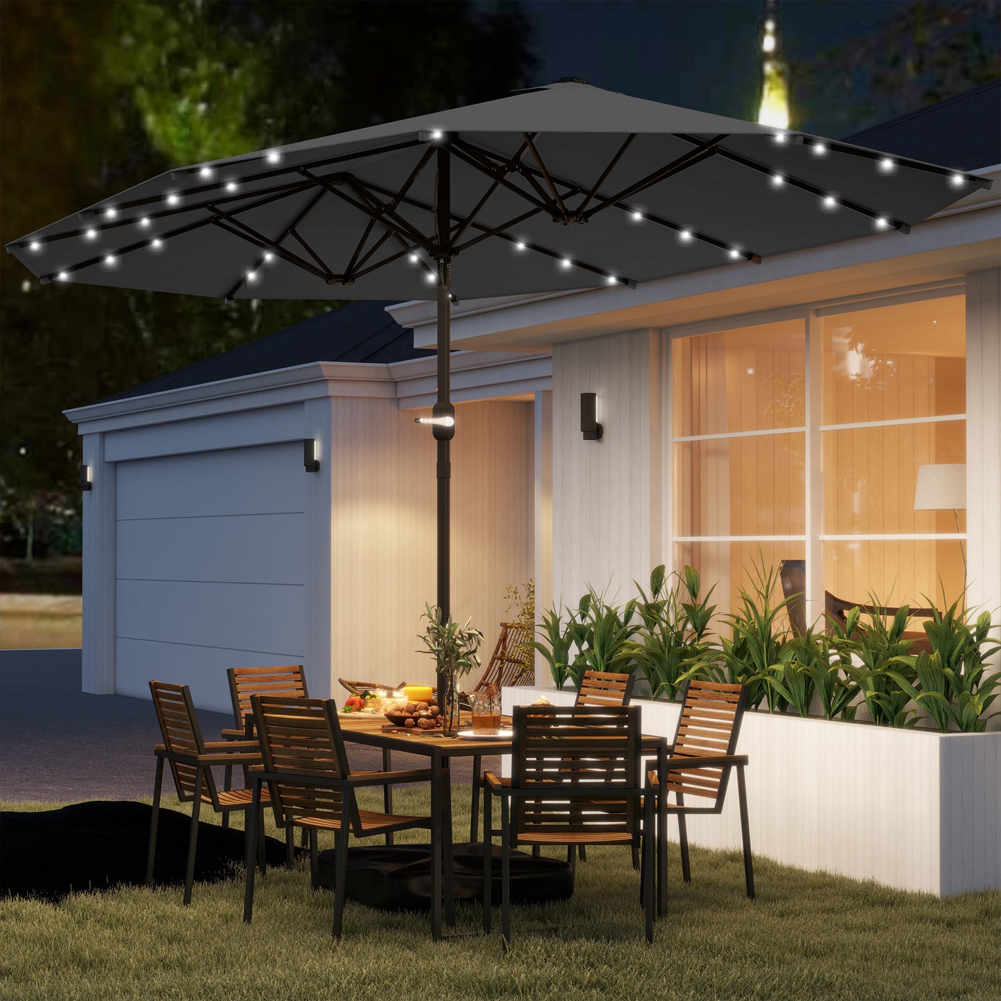 14.4ft Double-Sided Garden Parasol with Solar LED Lights - Gray