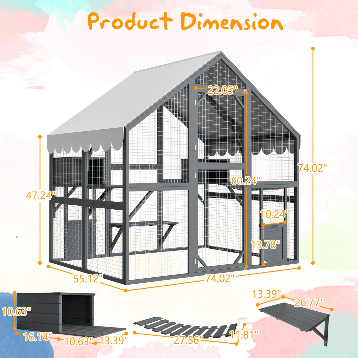 Outdoor Cat House with 2 Doors & Play Areas - Wooden Cat Enclosure, Grey