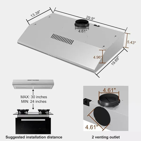 30-Inch Stainless Steel Under Cabinet Range Hood 250 CFM Kitchen Ventilation
