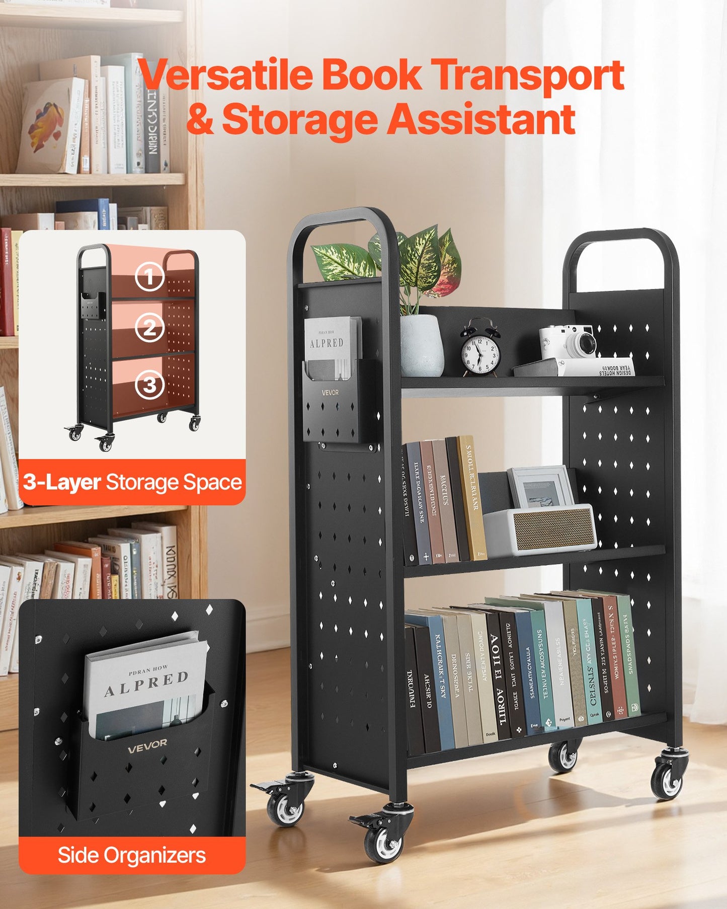 3-Tier Rolling Book Cart with V-Shaped Shelves - Heavy Duty, Black