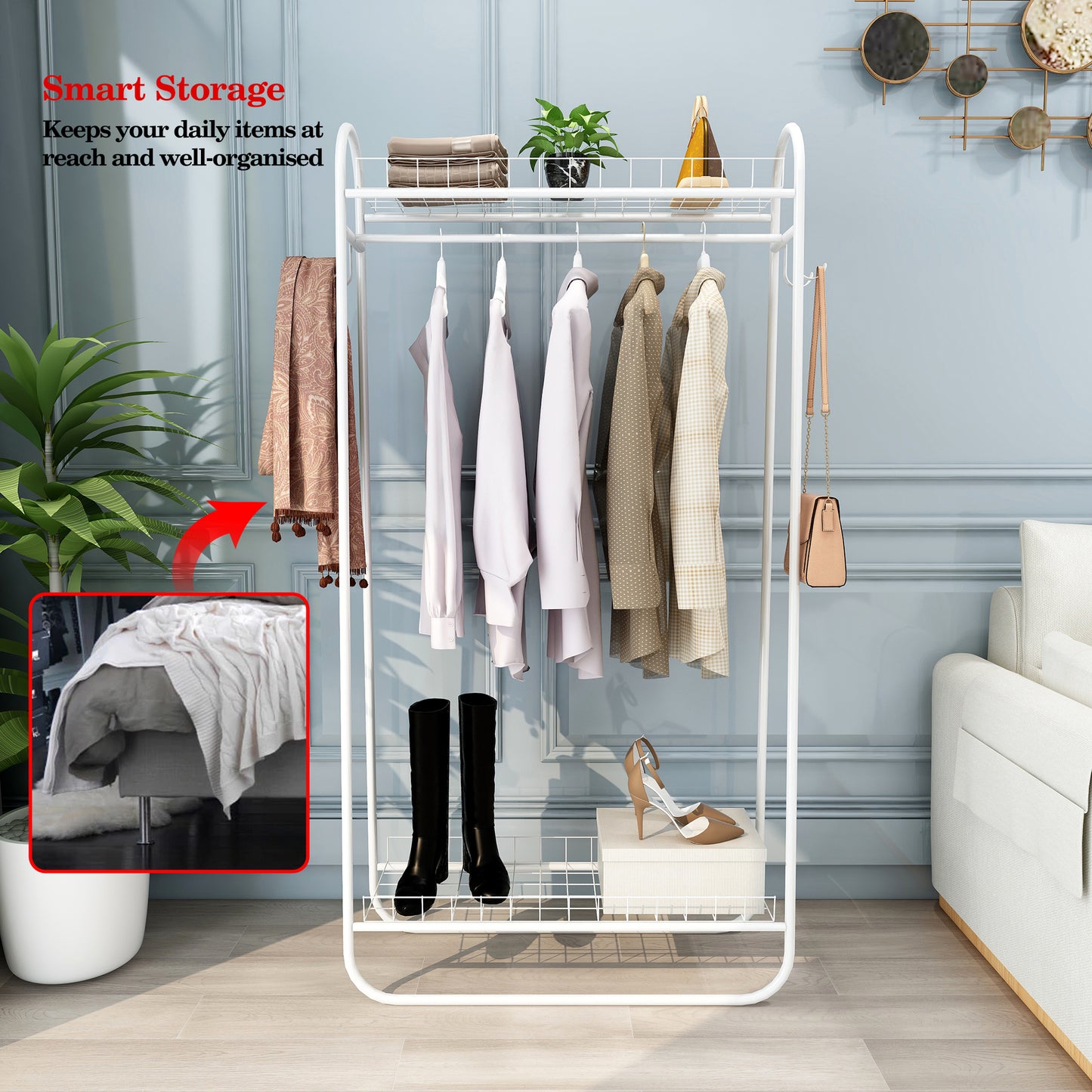 Heavy Duty Freestanding Clothes Rack with Double Shelves - White