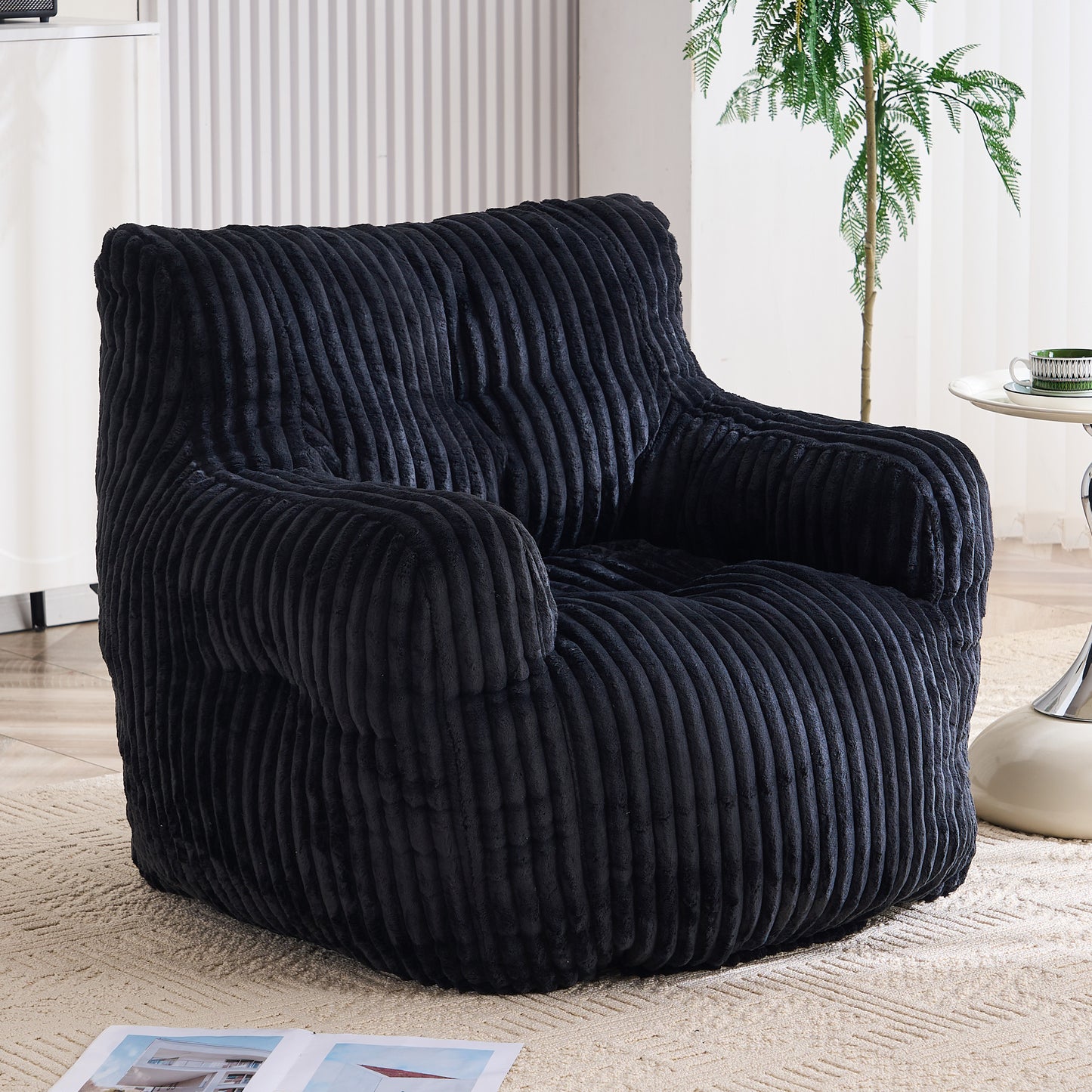 Soft Fluffy Corduroy Bean Bag Chair with Memory Foam - Black