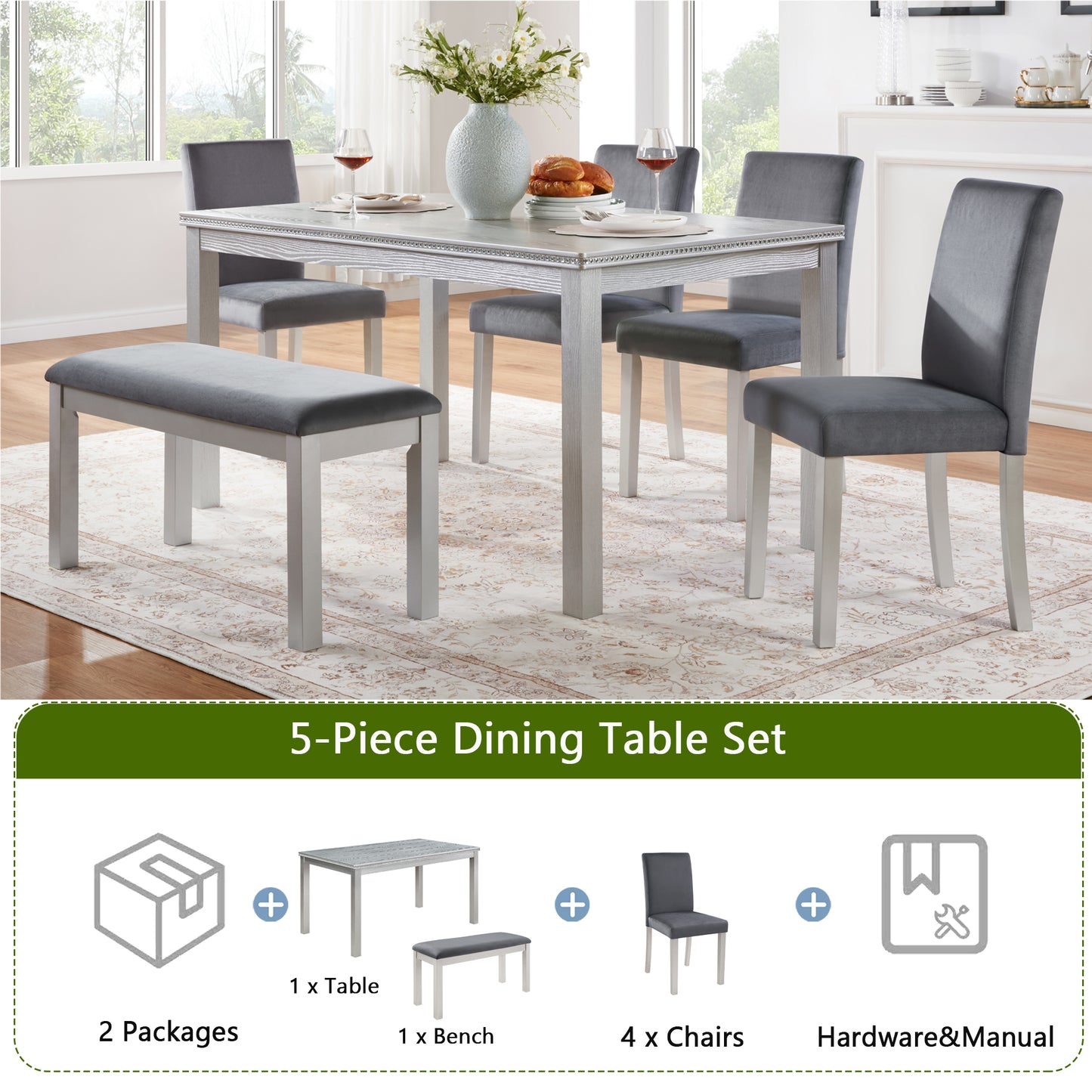 6-Piece Wooden Dining Table Set with Upholstered Chairs & Bench - Silver Grey