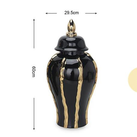 Ceramic Temple Jar Ornaments Set - Black and Gold Pattern Home Decor