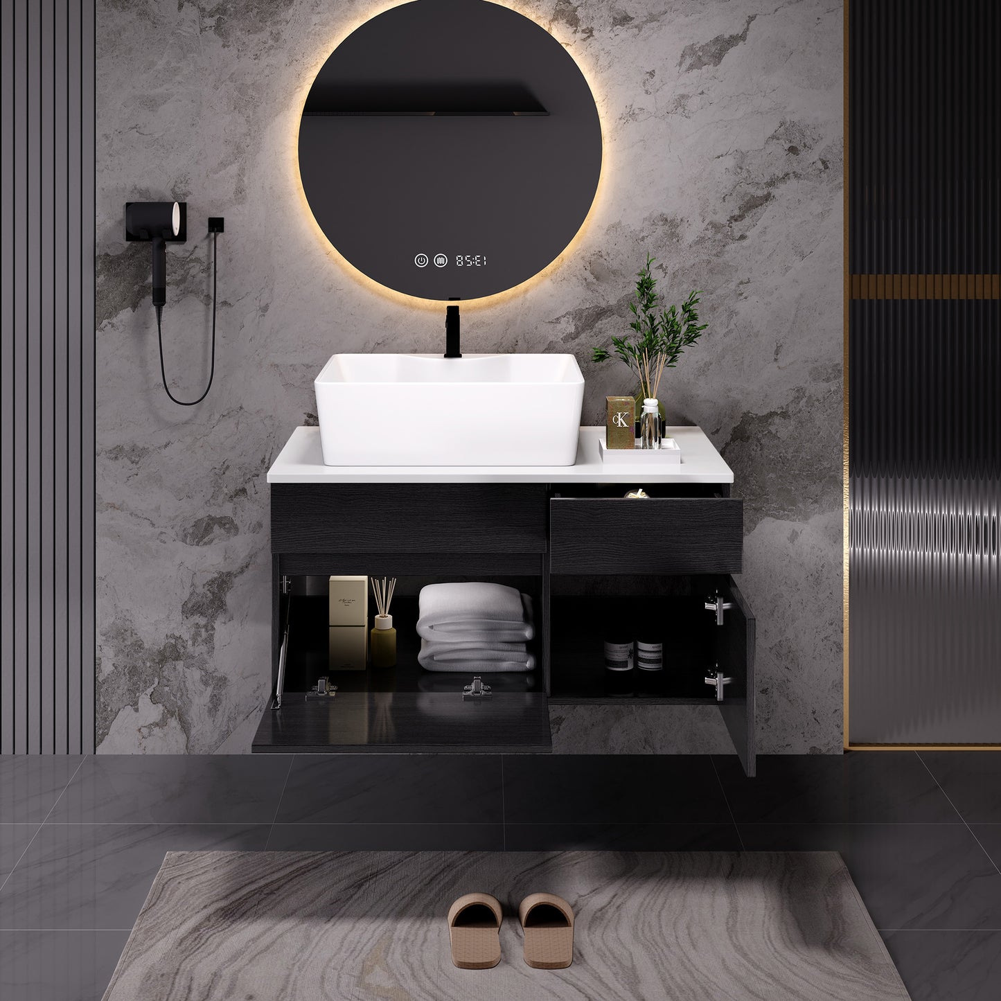 Floating Bathroom Vanity with Sink - 31.5 Inches, Black/White