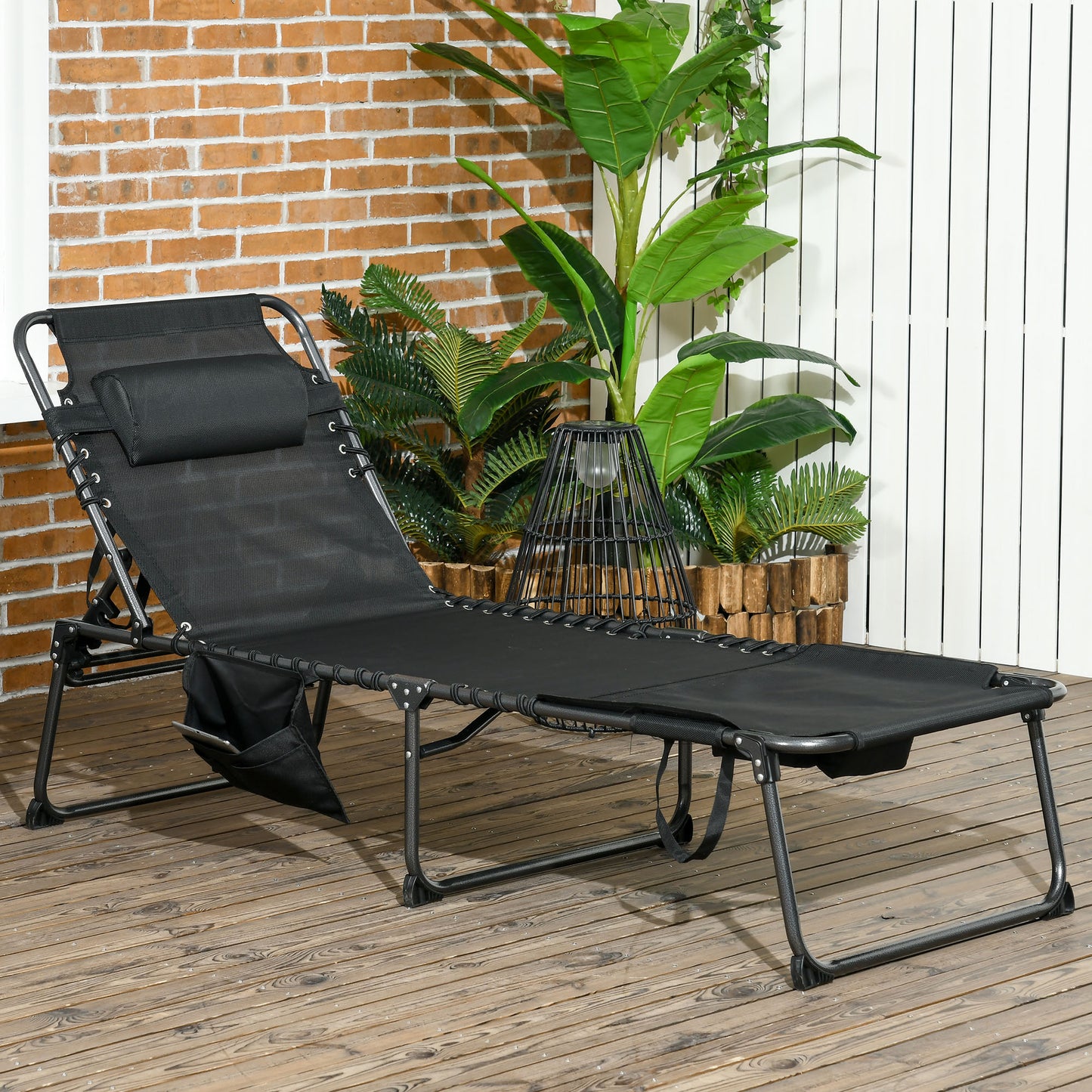Folding Chaise Lounge Chair with 5-Position Recline and Side Pocket - Black