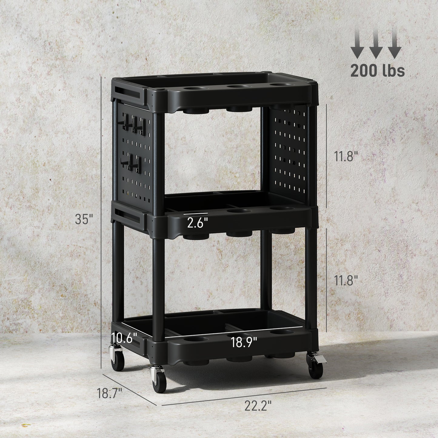 3-Tier Rolling Tool Cart - 200 LBS Capacity, Black Plastic Utility Cart