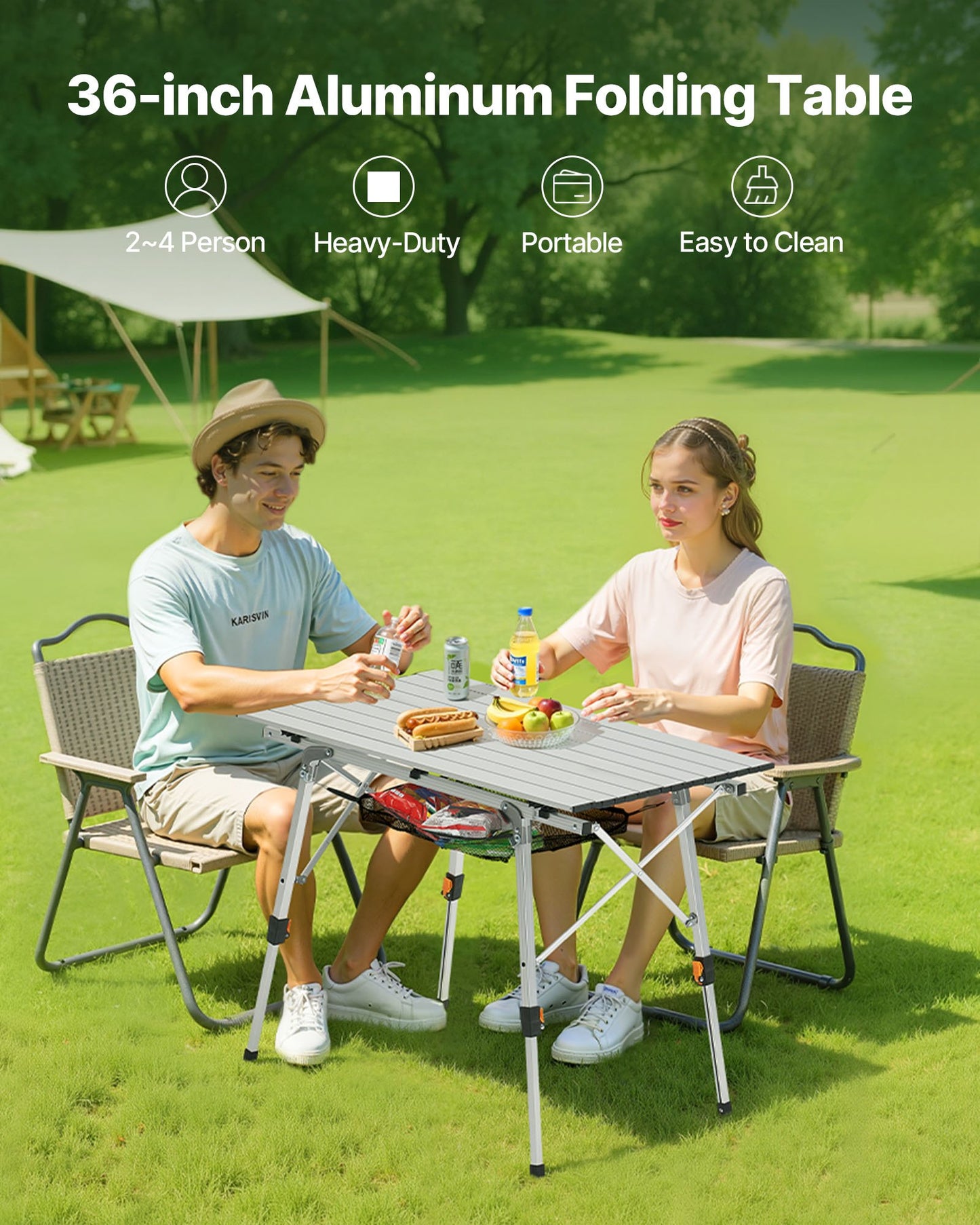Portable Folding Camping Table Aluminum Outdoor Picnic Table with Mesh Layer - Silver