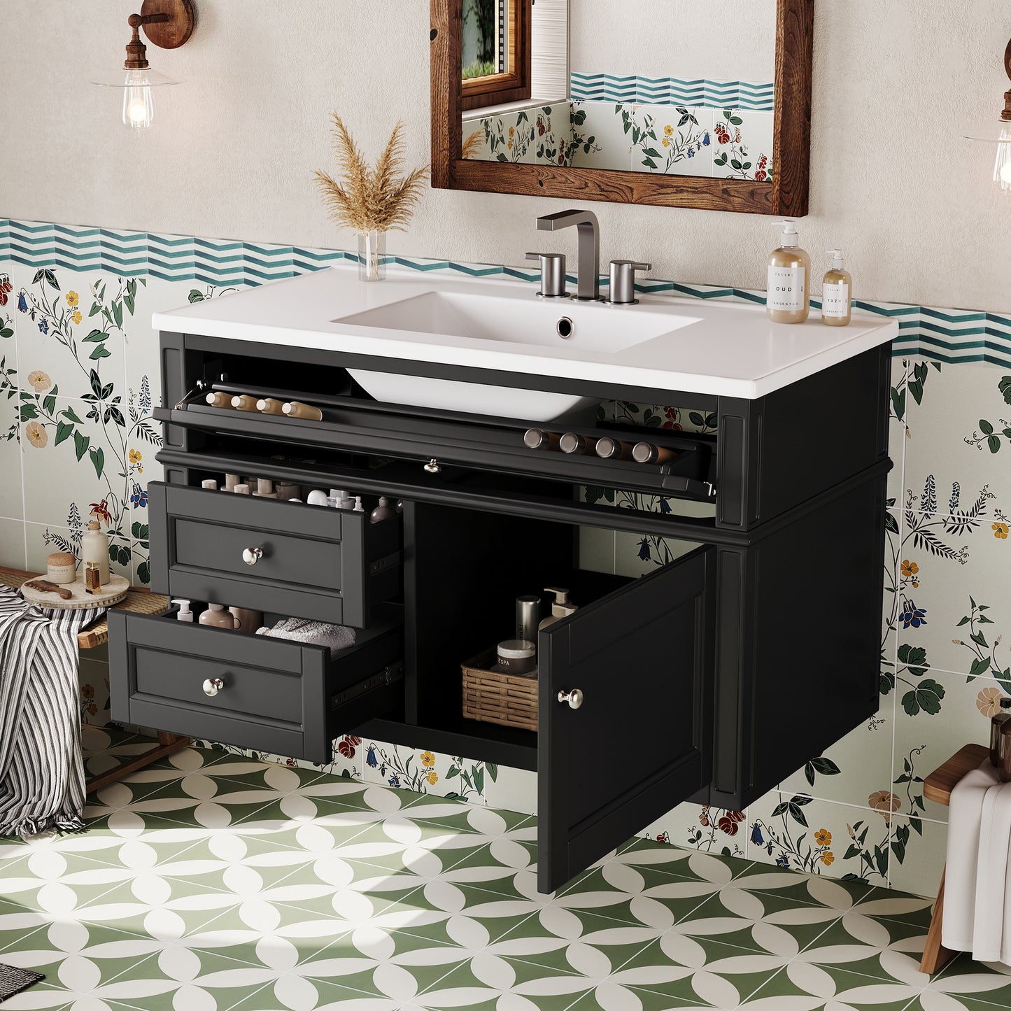 36-Inch Wall Mounted Bathroom Vanity with Ceramic Sink - Black