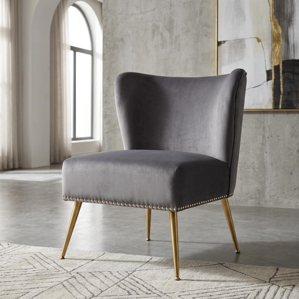 Printed Cloth Accent Chair, Armless Slipper Chair With Metal Legs,