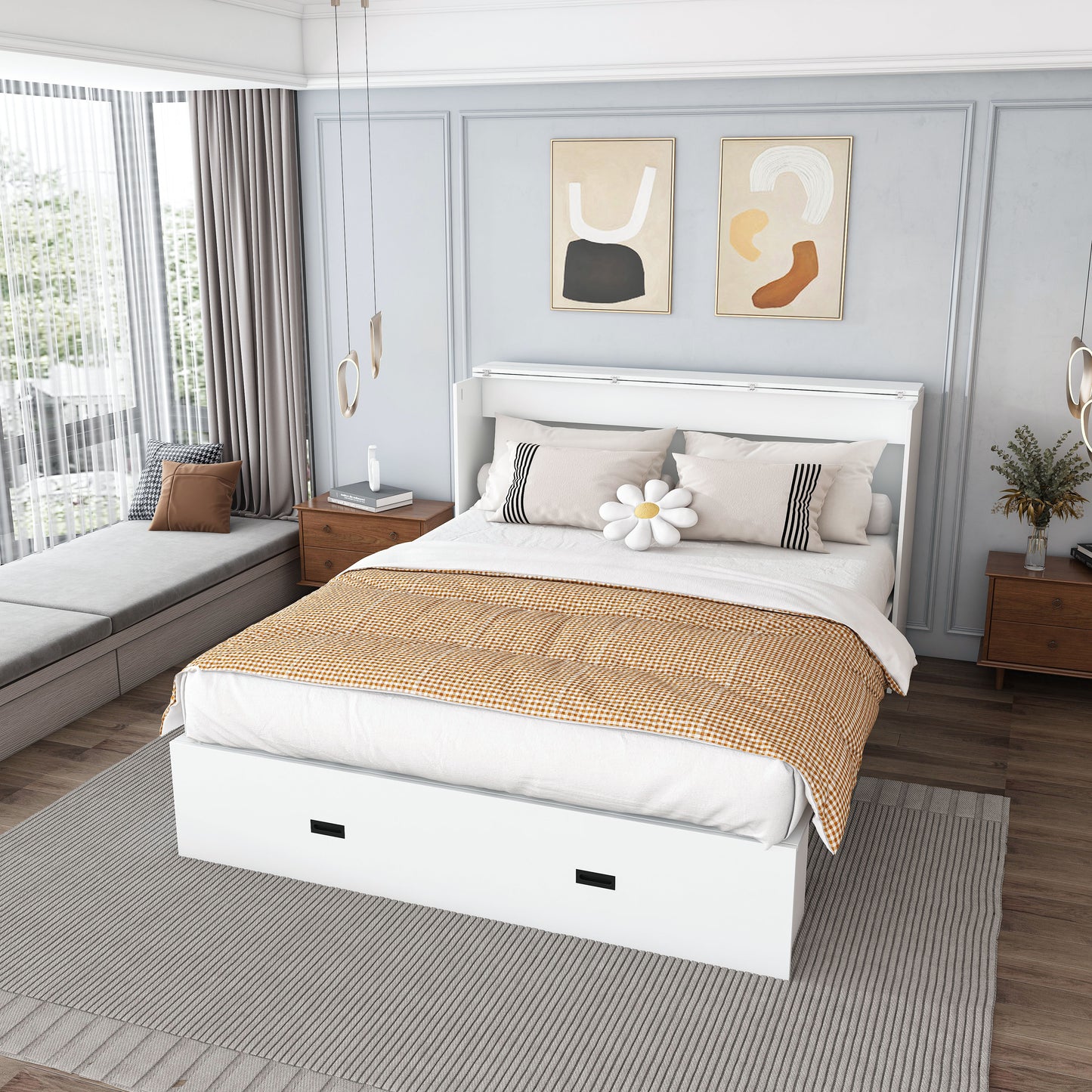 57 Inches Murphy Bed, With Storage Drawers And Charging Cabinet,