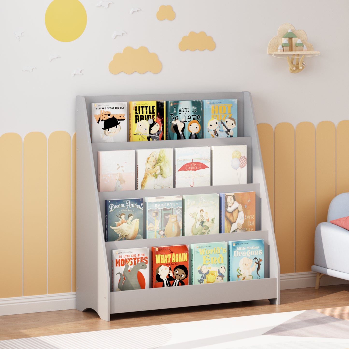 4-Tier Kids Bookshelf - Gray MDF Book Display for Bedrooms & Playrooms