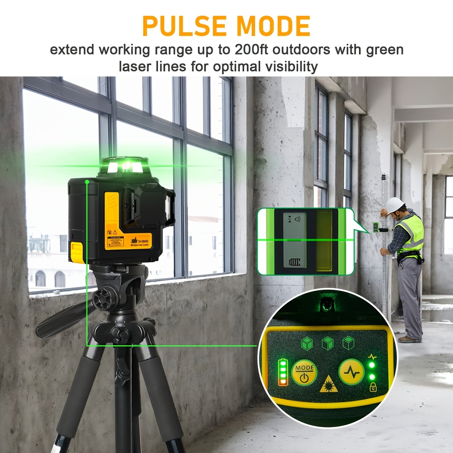 Self Leveling Laser Level Tool with 3x360° Green Lines, Magnetic Base, Rechargeable Battery, Model LL 3DG
