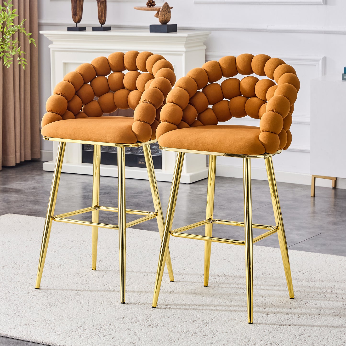 Set of 2 Orange Velvet Bar Stools with Gold Legs - Modern Accent Chairs
