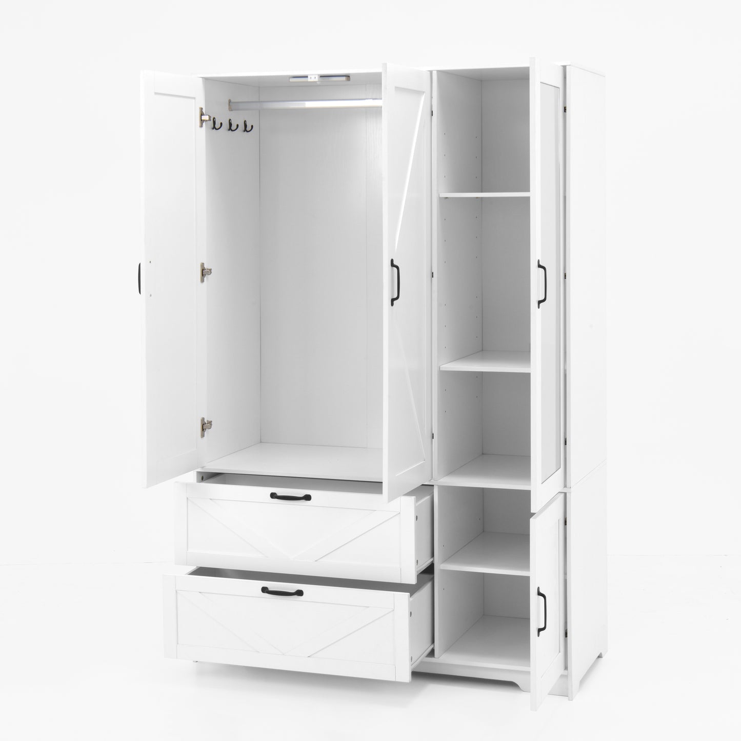 4-Door White Wardrobe Closet with Mirror & LED Lighting