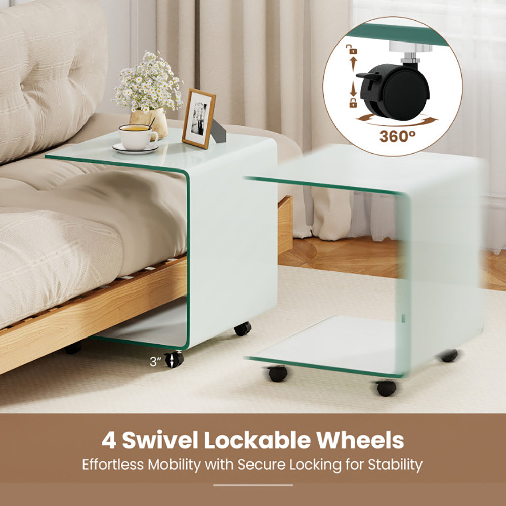 C Shaped End Table Modern Tempered Glass Side With Shelf 4 Swivel